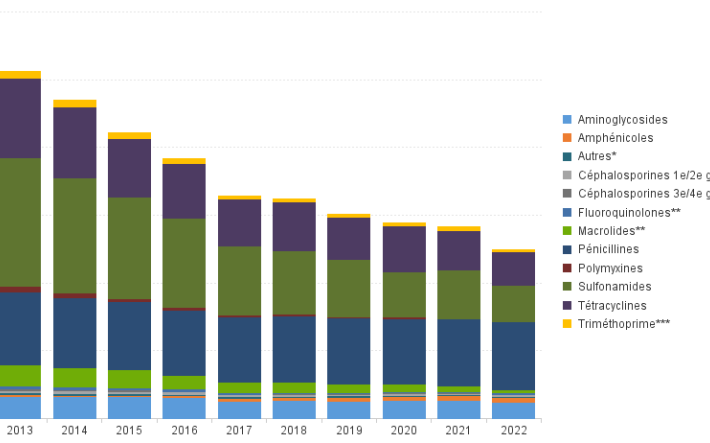 part des ventes de classes de principes actifs chez les animaux de compagnie et de rente de 2013 à 2022